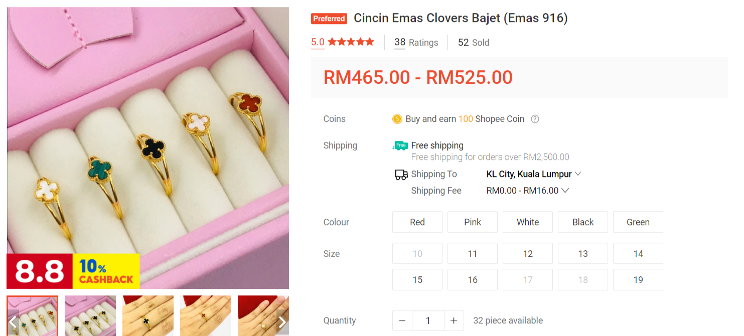 cincin emas clover bajet 916